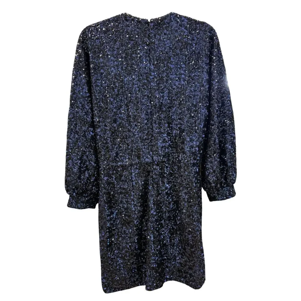 Zadig & Voltaire Party Dress Size Med Short Sequin Navy Blue Sparkly Long Sleeve